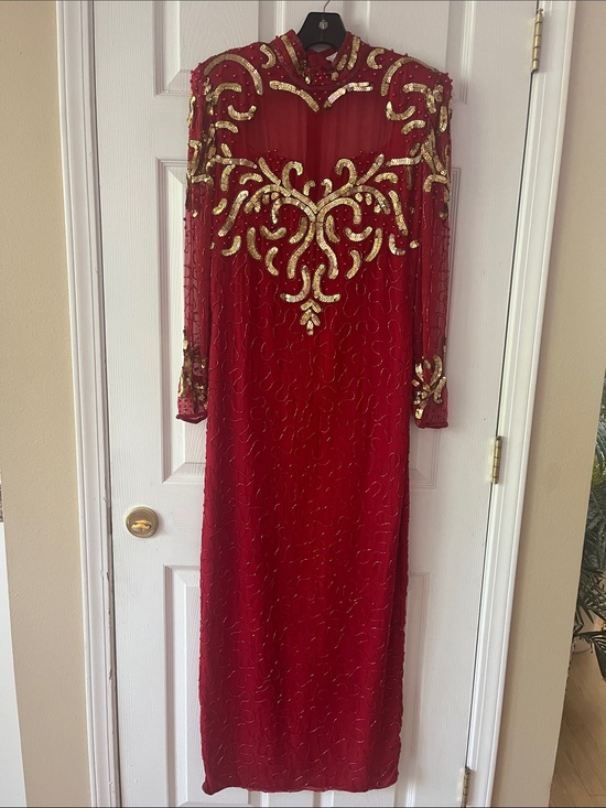Laurence Kazar Dresses & Skirts - Laurence Kazar Red Long Sleeve Evening Gown with Gold Embellishment
